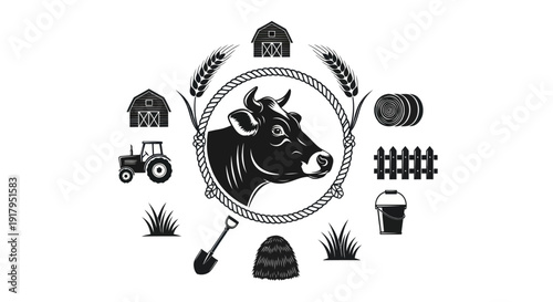 A monochrome illustration depicting a cow's head encircled by farming tools, barns, and crops