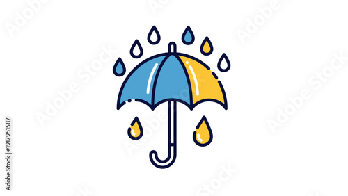 Colorful umbrella graphic protecting from the rain with raindrops falling on white backdrop