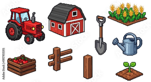 A colorful pixel art collection featuring a tractor, barn, crops, tools, and gardening items