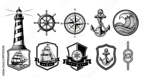 A collection of nautical-themed illustrations featuring a lighthouse, compass, anchor, and ships
