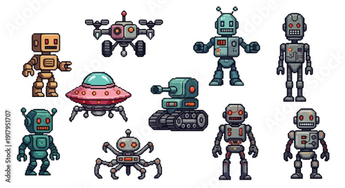A colorful collection of pixel art robots, including various designs like a UFO, tanks, and spiders