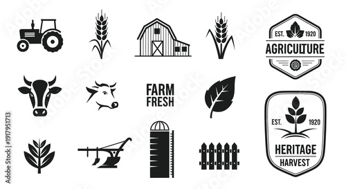 A collection of black and white farm-themed icons, showcasing agriculture elements like tractors, crops, and livestock