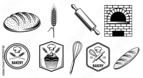 A collection of bakery-themed icons featuring bread, wheat, tools, and a brick oven in black and white