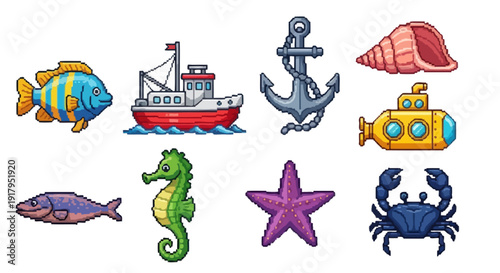 Colorful sea creatures and nautical objects including fish, a boat, an anchor, and a crab