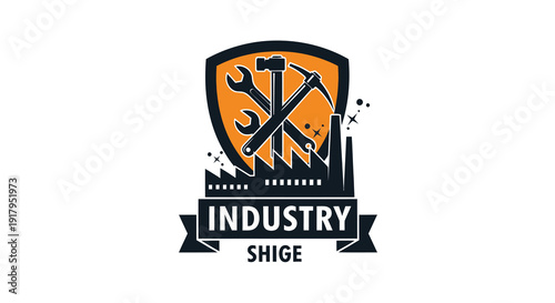 A stylized emblem featuring a shield with tools, a factory silhouette, and bold text below