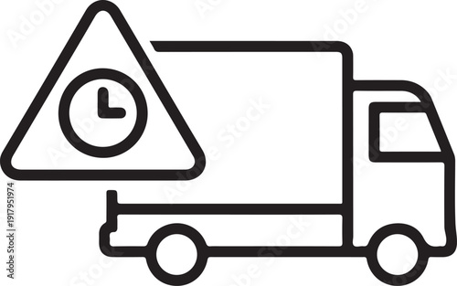 A black line drawing of a delivery truck with a clock on a warning sign