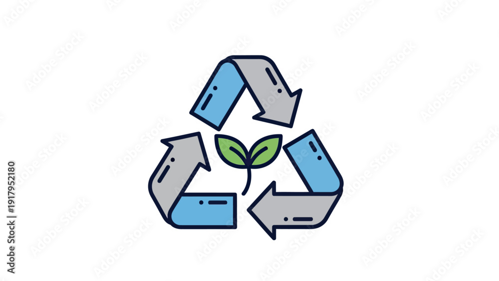 Obraz premium A recycling symbol with arrows in blue and gray, and a plant sprouting from the center