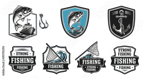 A collection of fishing-themed emblems featuring fish, boats, nets, and anchors in bold designs