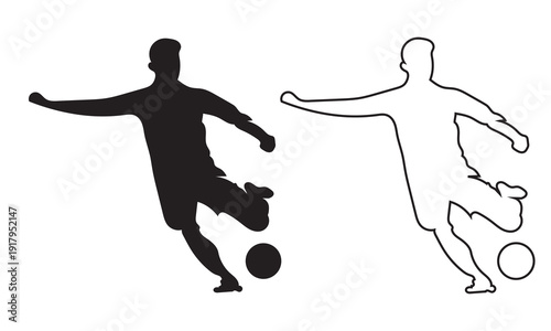 Soccer Player Silhouette Dribbling Ball Vector Icon. Black and outline soccer player silhouettes dribbling a ball, isolated on white background, ideal for sports design and branding projects.

