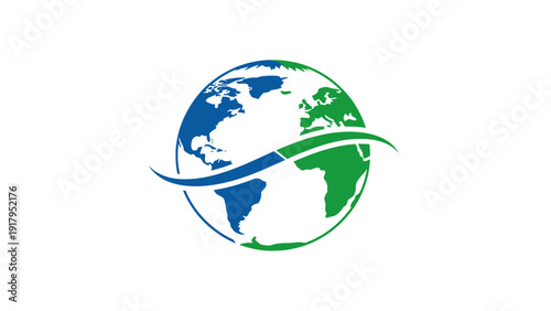 Graphic depicting a globe divided into blue and green, with intersecting curved lines