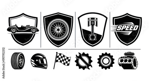 A collection of racing-themed symbols, including cars, wheels, helmets, gears, and flags