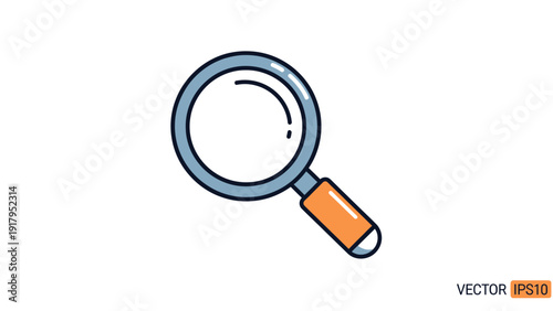 A colorful, outlined magnifying glass icon. Circle lens with orange handle, on white
