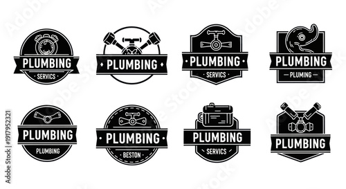 A collection of vintage-style black and white plumbing service logos featuring tools and elements