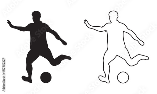 Soccer Player Silhouette Dribbling Ball Vector Icon. Black and outline soccer player silhouettes dribbling a ball, isolated on white background, ideal for sports design and branding projects.

