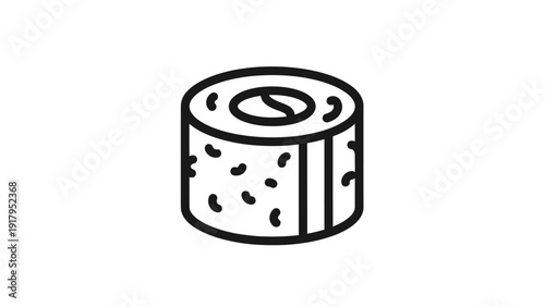 A simple black and white line art illustration of a single sushi roll