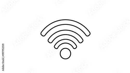 Black outlined WiFi symbol on white backdrop; five arched lines above a small circle