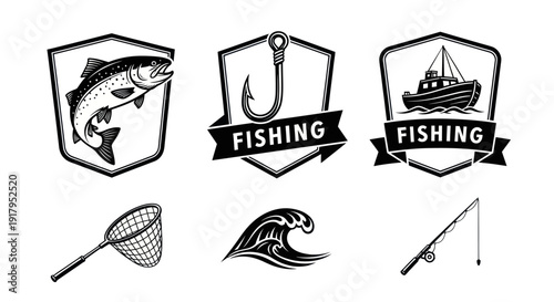 A series of fishing-themed illustrations, including fish, hooks, a boat, waves, and a fishing net