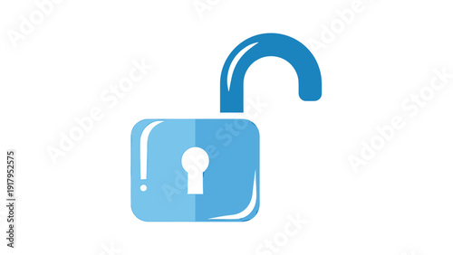 An open blue padlock graphic, against a white background