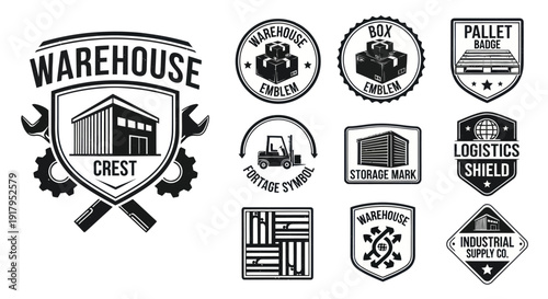 A collection of warehouse-themed emblems featuring tools, boxes, and storage elements in black
