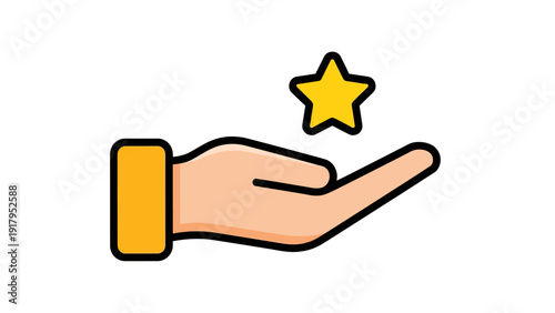 A hand, outlined in black, offers a yellow star. Vector illustration