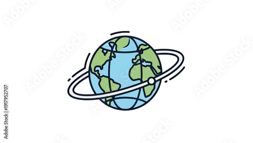A stylized Earth globe with continents, surrounded by orbits. Simple, colorful illustration
