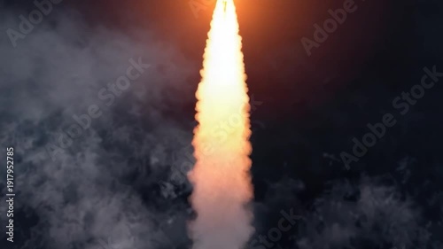 A rocket blasting off from a cloudy sky with contrails visible