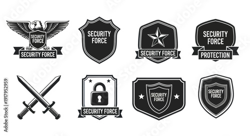 A collection of eight security-themed emblems, featuring shields, swords, and protective symbols