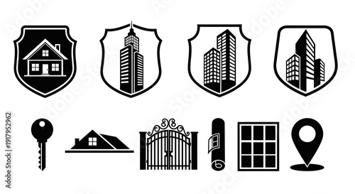 A collection of black icons depicting real estate elements including buildings, keys, and windows
