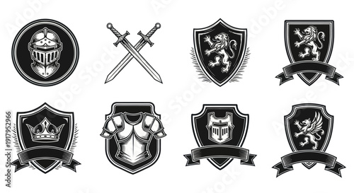 A collection of medieval-themed heraldic emblems featuring knights, lions, and shields