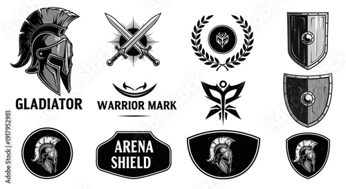 A collection of vintage-inspired gladiator-themed graphics including shields, swords, and emblems