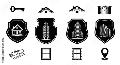 A collection of real estate icons featuring keys, houses, windows, and building shields for design