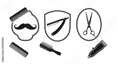 A collection of barber tools featuring combs, scissors, a razor, and a mustache emblem in black