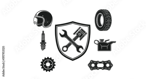 A shield surrounded by motorcycle gear including a helmet, piston, tire, and oil canister