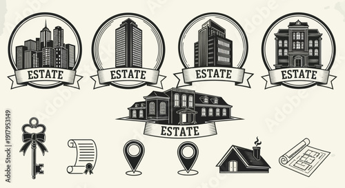 A collection of real estate icons featuring various buildings, keys, and blueprints in a vintage style