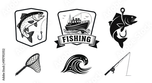 A collection of fishing-themed illustrations including fish, boat, fishing tools, and ocean waves