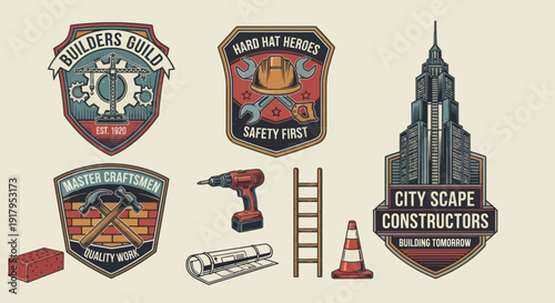 A collection of construction-themed emblems featuring tools, safety gear, and a skyline silhouette