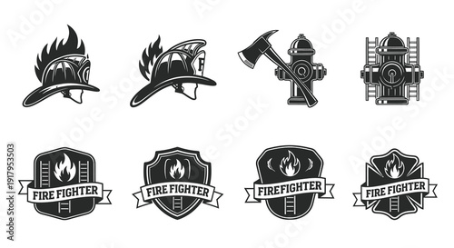 A collection of firefighter-themed graphics, including helmets, hydrants, badges, and axes