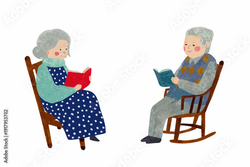 An elderly couple peacefully reading books while sitting in rocking chairs