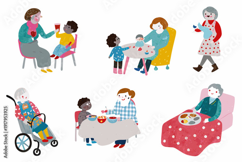 Illustrations depicting diverse groups of women in various everyday scenes