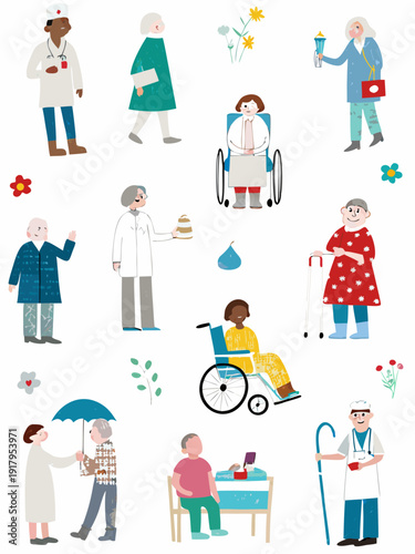 Diverse group of people including seniors and healthcare workers illustrated