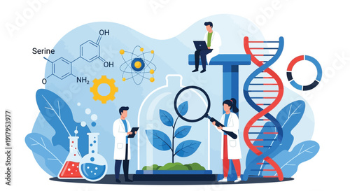 Illustration of scientists examining a plant in a glass container, with lab equipment, a DNA helix, and chemical structures in a research setting.