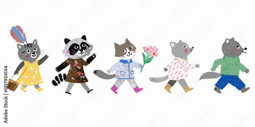 Fototapeta premium A charming illustration of five anthropomorphic animals walking in a row