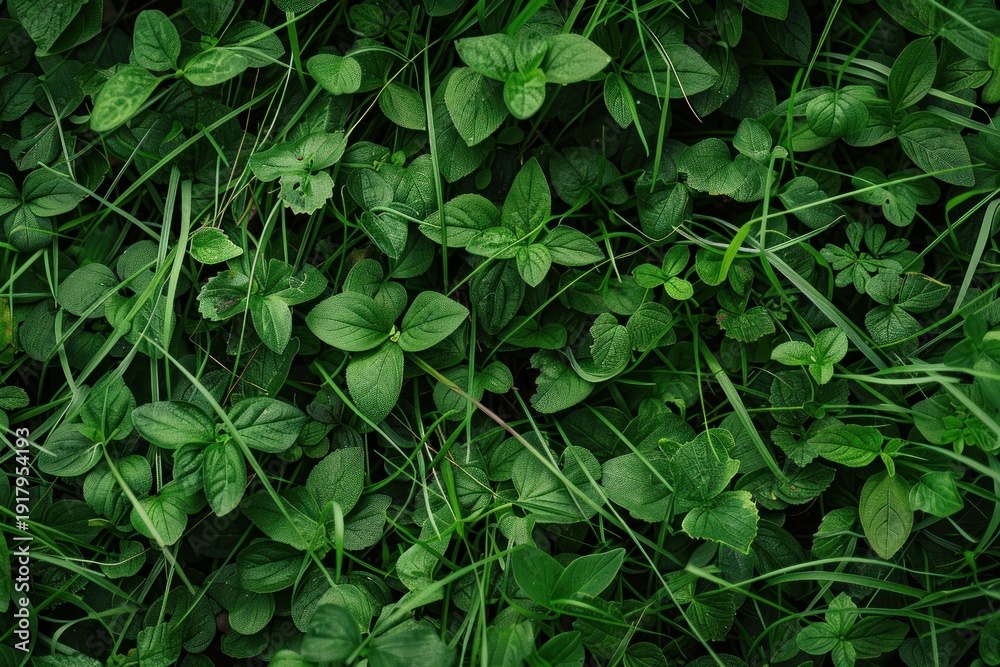 Obraz premium Vibrant green grass and leaves intertwining, forming a textured, natural background, ideal for nature themed projects