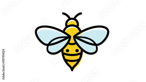 A stylized bee illustration with black outlines, yellow body, and blue translucent wings