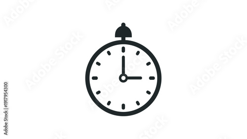 A black and white vector graphic shows a clock set to 3 o'clock with a bell on top