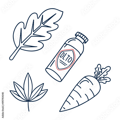 Healthy food and drink outline icon collection. Includes spinach leaf, maple leaf, carrot, and a bottled drink with a "DLTO" label. Created in a simple line art style with a dark blue stroke.