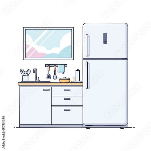 Modern Kitchen Interior with Refrigerator and Storage Cabinets