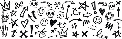 Fotografía Collection of hand-drawn doodle icons and symbols including skulls, crowns, hear