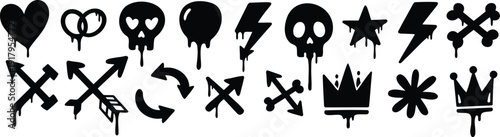 Dripping black graffiti icons set with skull heart and lightning bolt symbols
