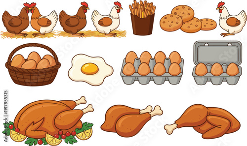 Complete chicken and egg food collection featuring live poultry, fresh eggs in cartons, fried eggs, roasted whole chicken, and drumsticks in a flat cartoon style.
